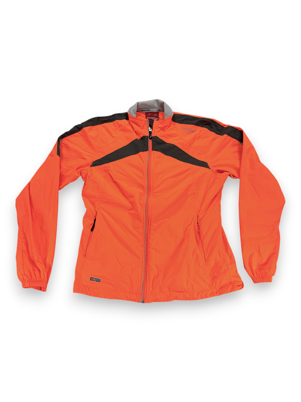 Saucony Jacket Womens SMALL Orange Gray Windbreaker Running Vizipro Reflective